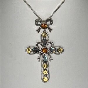 NWOT Nicky Butler Designer Multi Gemstone Bow Dangle Cross Pendant Necklace